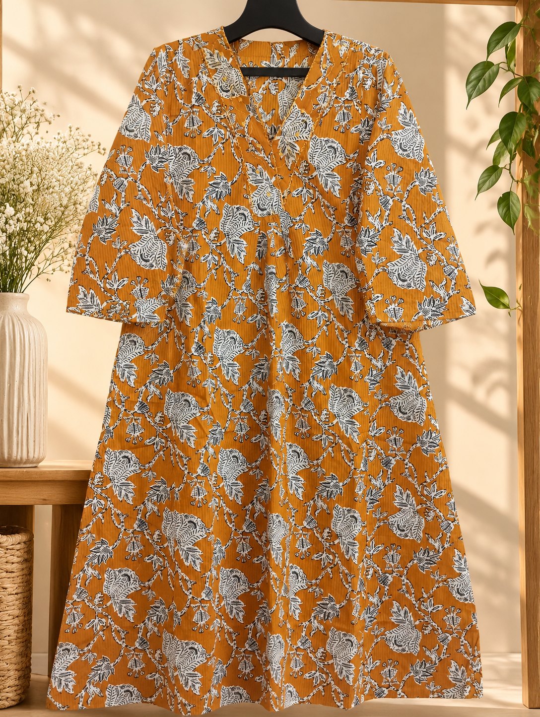 Kesariya Ochre Printed Kurta Set with Dupatta by Theaoura