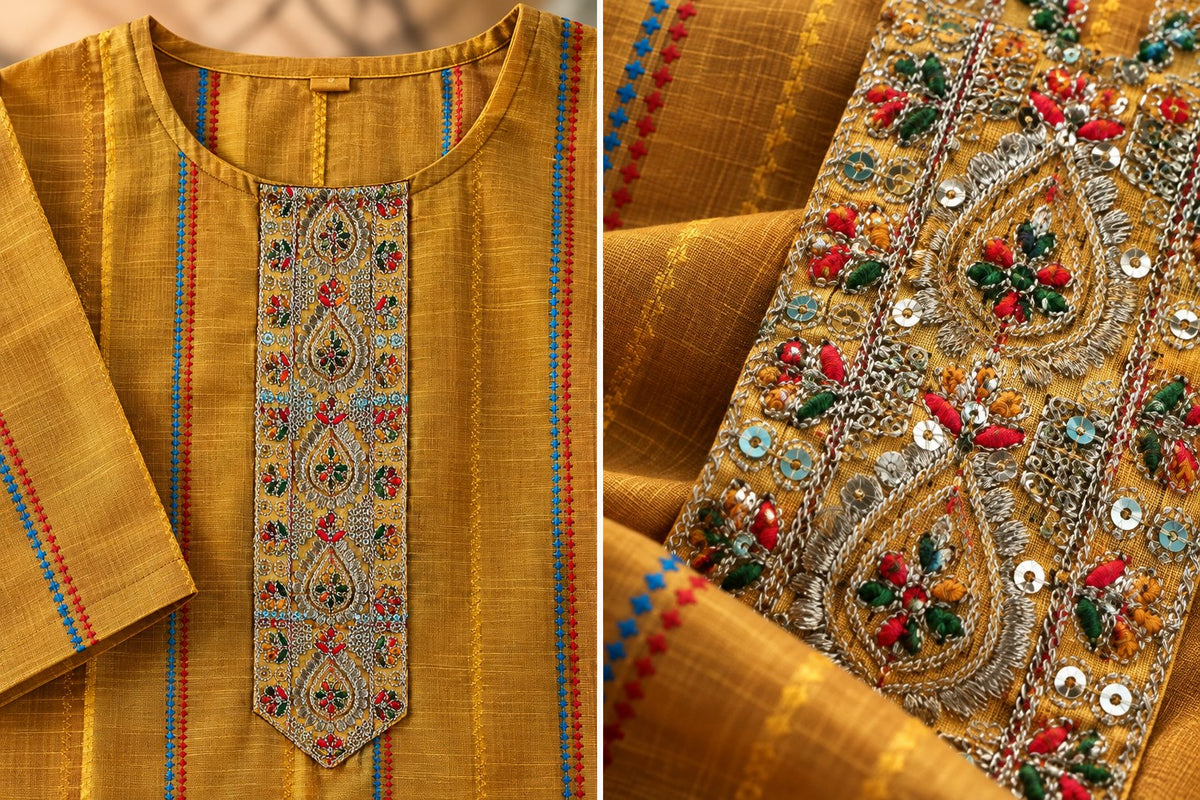 Haldi Mustard Striped Embroidered Kurta by Theaoura
