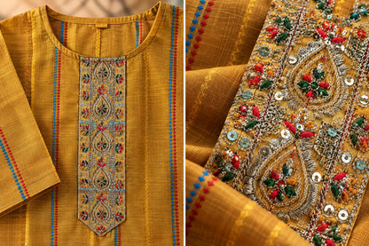 Haldi Mustard Striped Embroidered Kurta by Theaoura