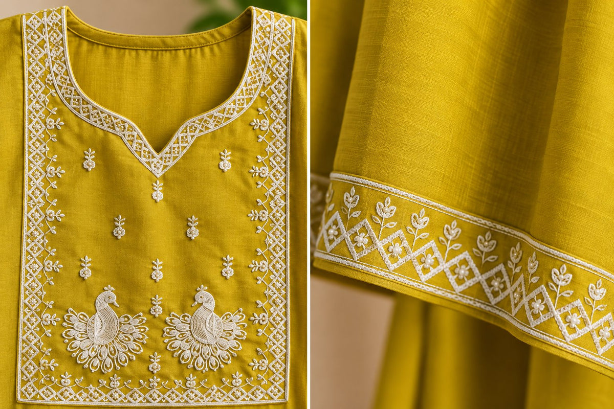 Mehendi Chartreuse Peacock Embroidered Kurta by Theaoura