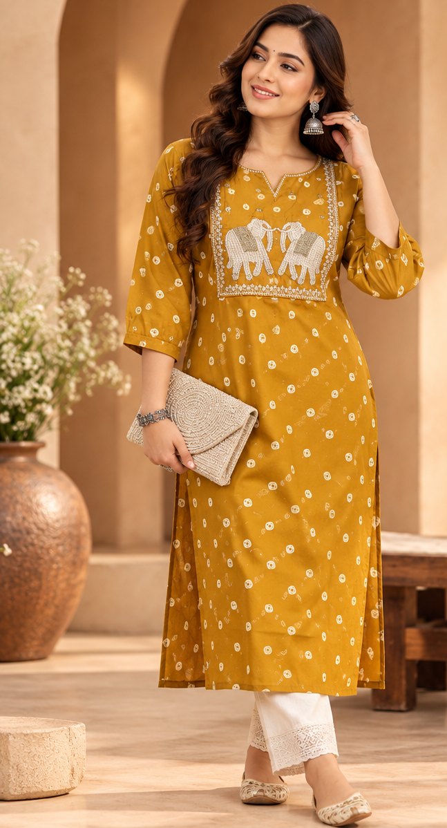 Gajara Mustard Yellow Elephant Embroidered Kurta by Theaoura