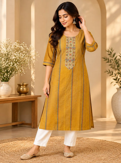 Haldi Mustard Striped Embroidered Kurta by Theaoura