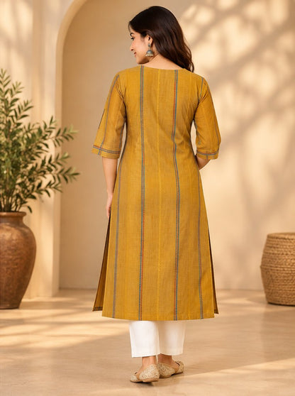 Haldi Mustard Striped Embroidered Kurta by Theaoura