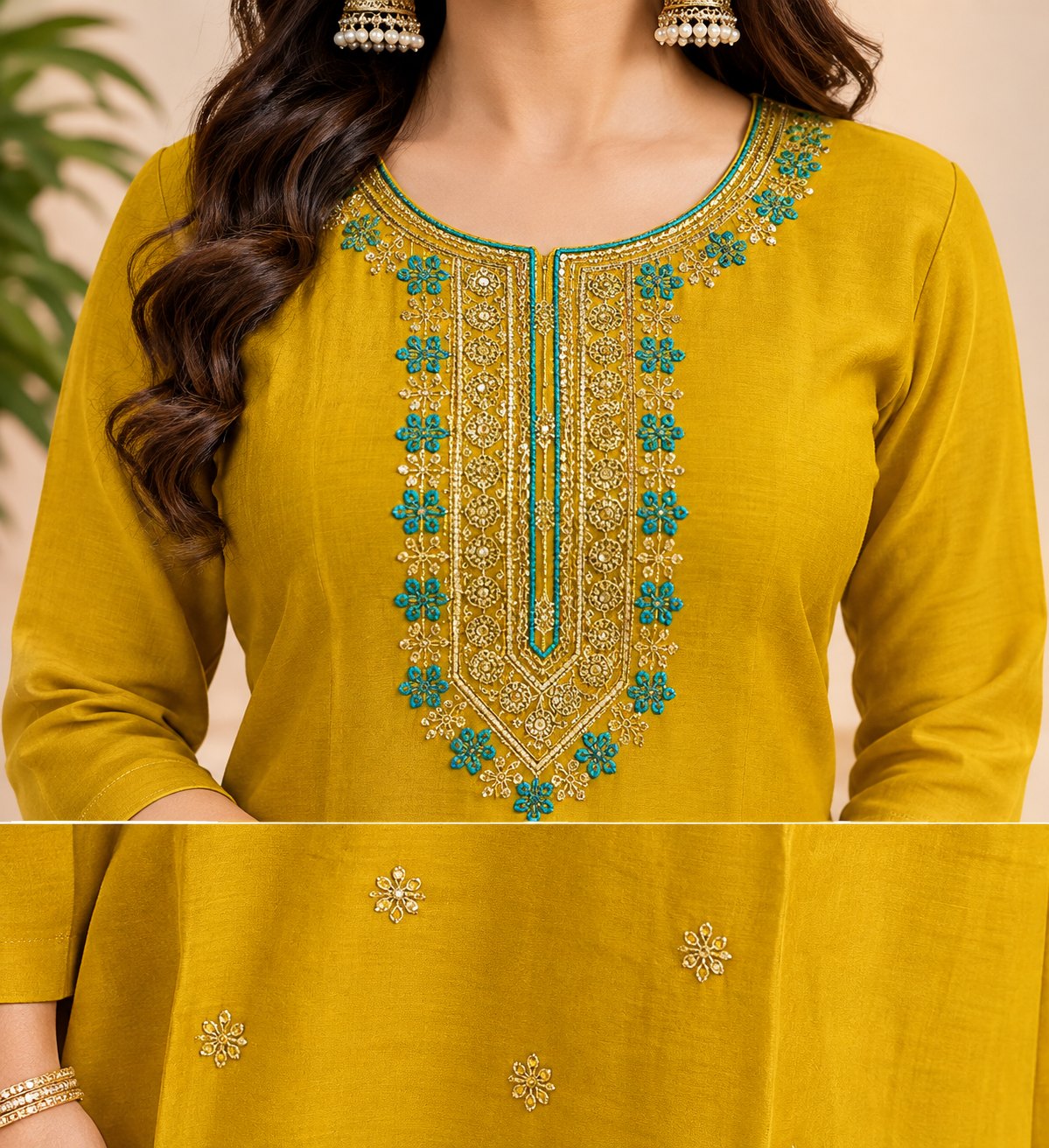 Basanti Mustard Yellow Embroidered Suit Set by Theaoura
