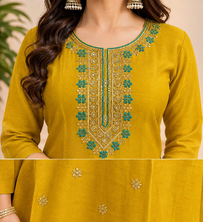 Basanti Mustard Yellow Embroidered Suit Set by Theaoura