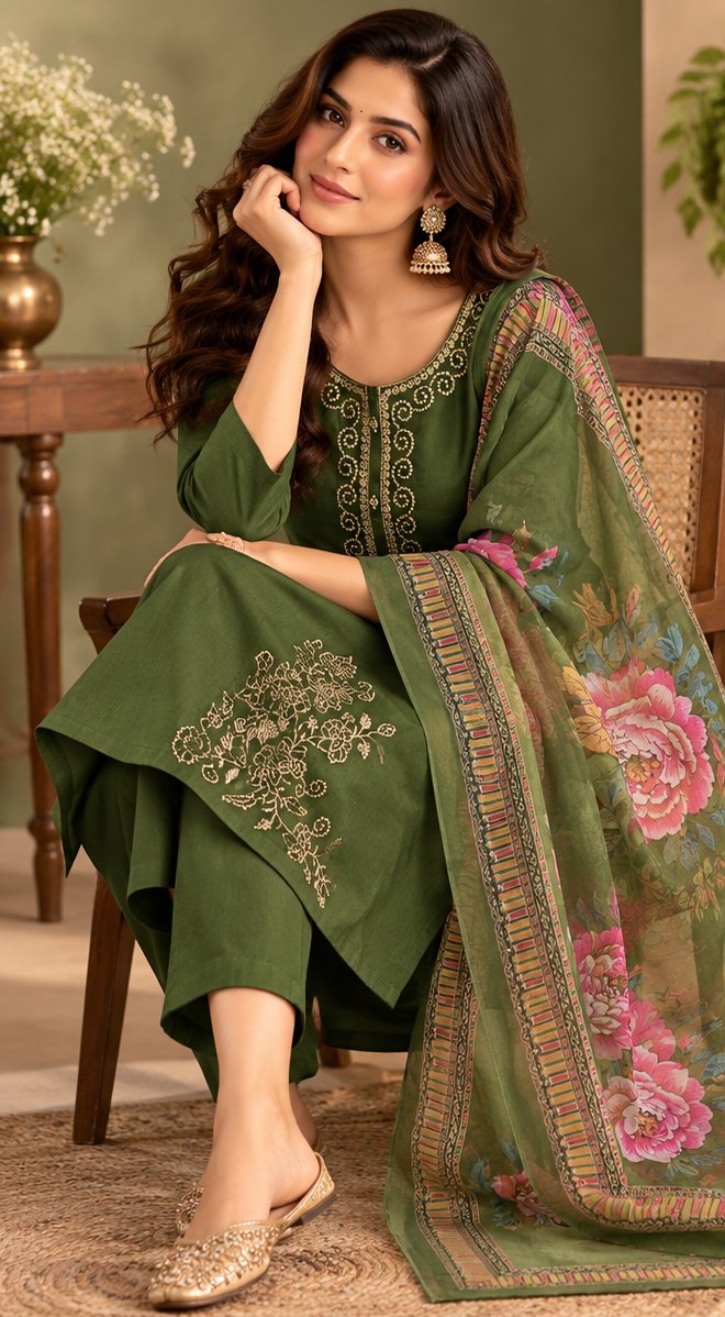 Sabz Olive Green Floral Embroidered Suit Set by Theaoura