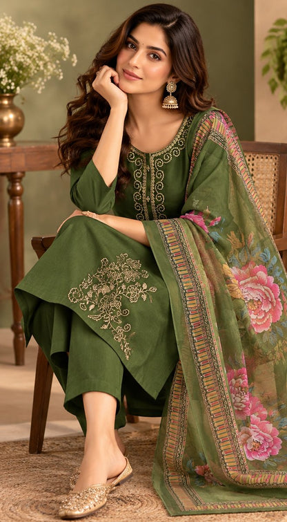 Sabz Olive Green Floral Embroidered Suit Set by Theaoura