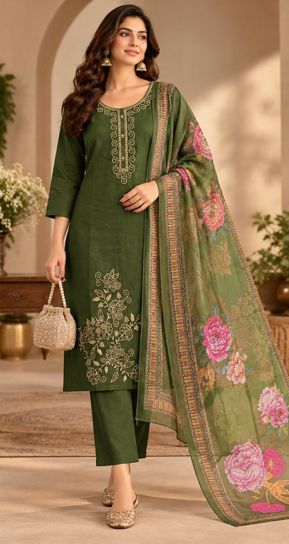 Sabz Olive Green Floral Embroidered Suit Set by Theaoura