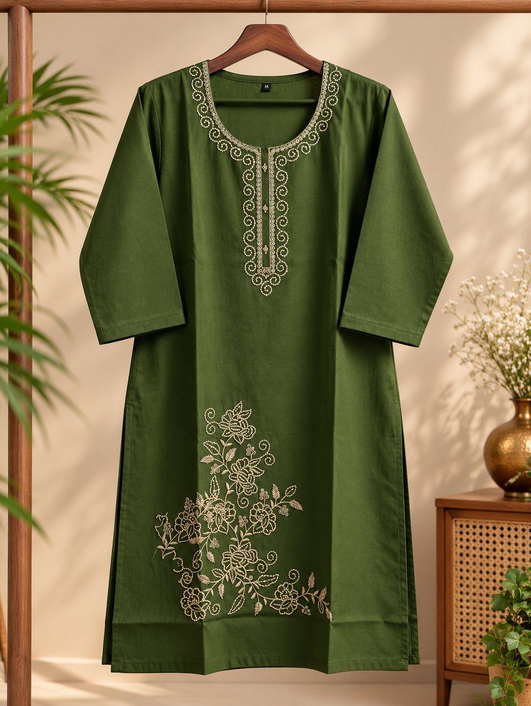 Sabz Olive Green Floral Embroidered Suit Set by Theaoura