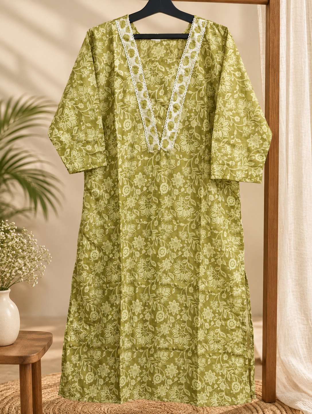 Saunf Olive Green Floral Print Kurta Set by Theaoura