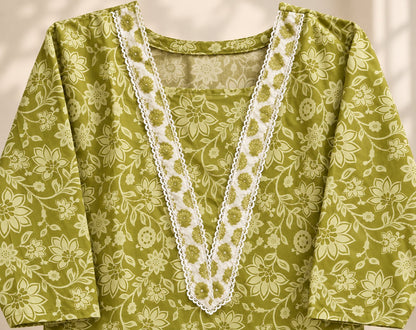 Saunf Olive Green Floral Print Kurta Set by Theaoura