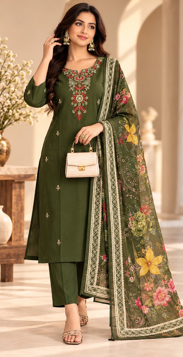 Hara Olive Green Embroidered Suit Set by Theaoura