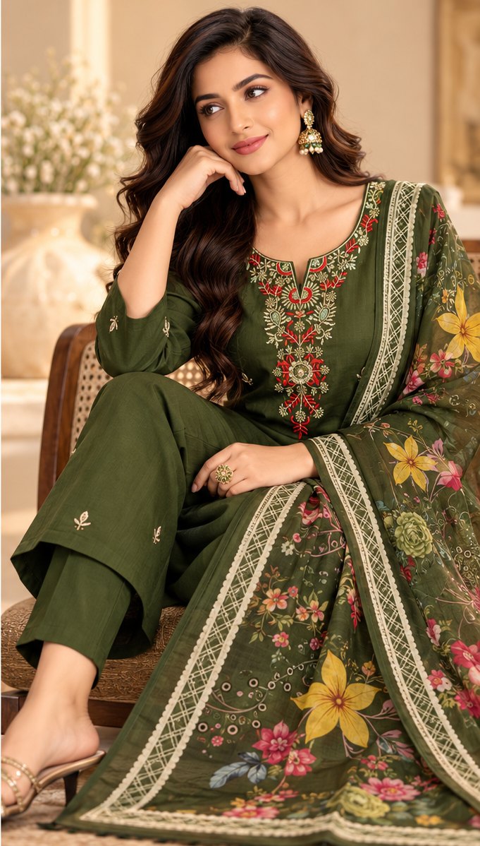 Hara Olive Green Embroidered Suit Set by Theaoura