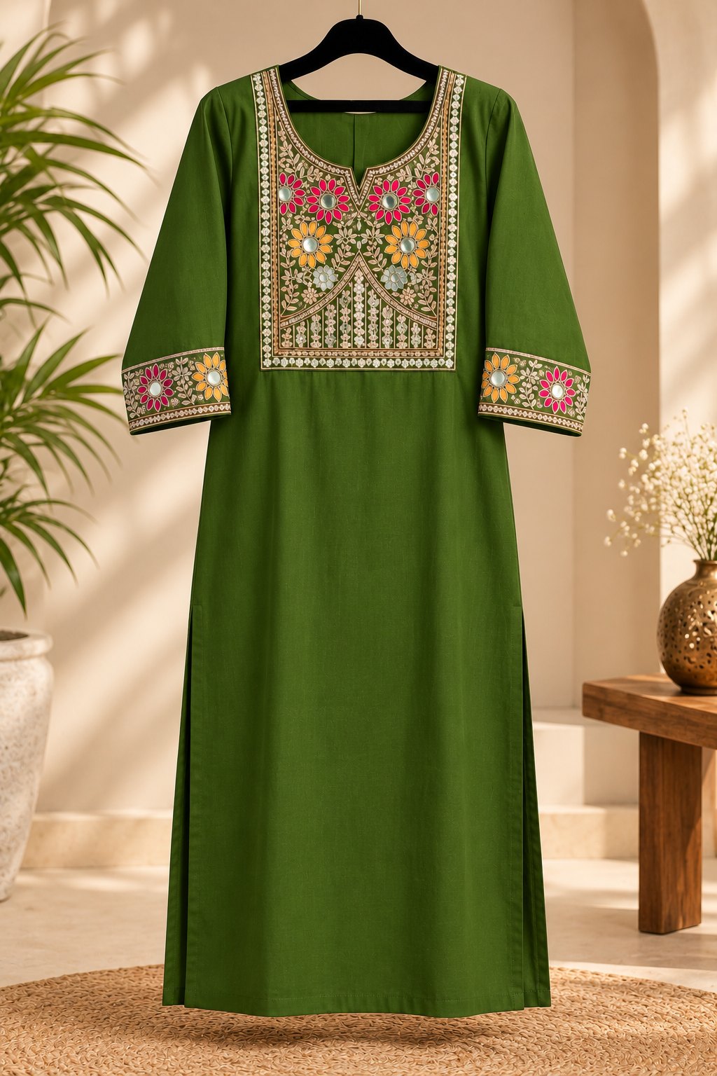 Heer Olive Green Mirror Work Suit Set by Theaoura
