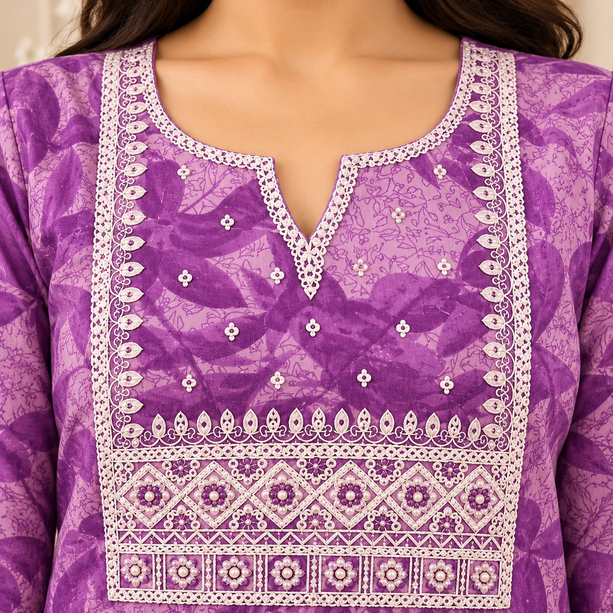 Kurinji Lavender Printed Embroidered Kurta Set with Dupatta by Theaoura
