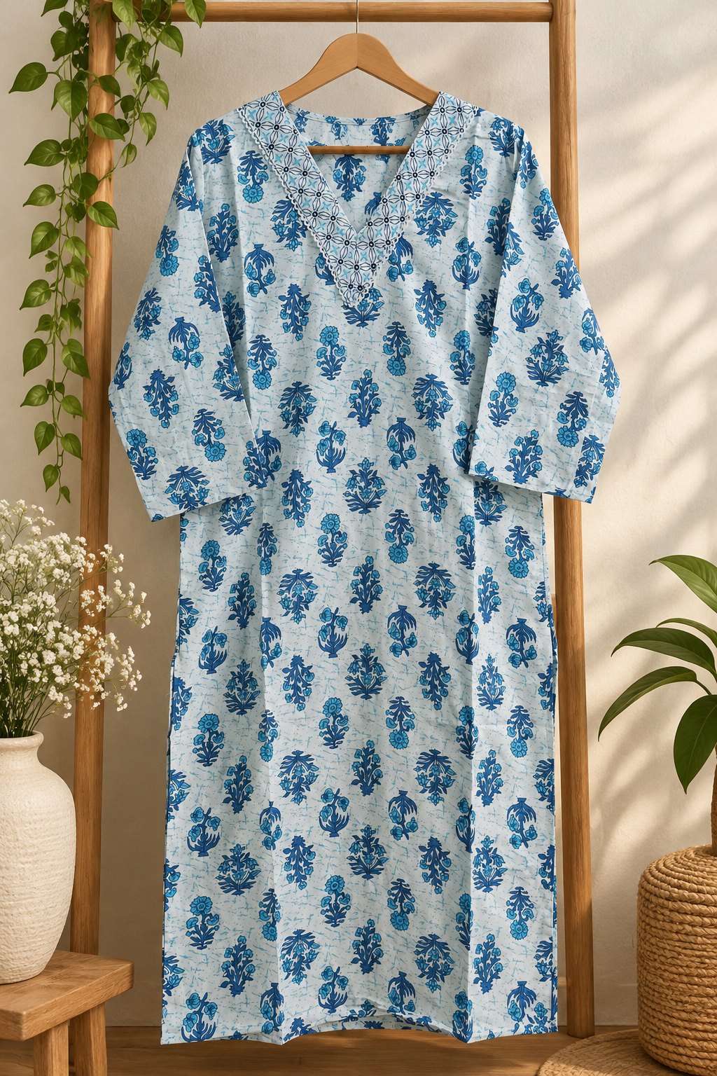 Nila White & Indigo Floral Print Kurta Set by Theaoura