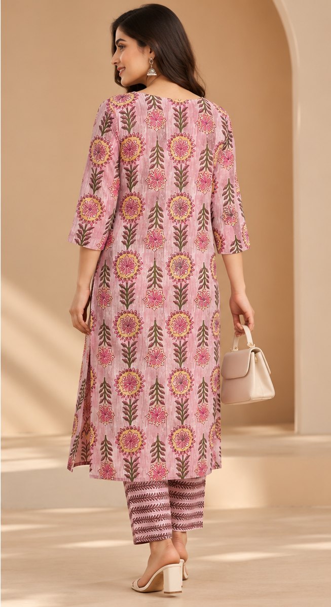 Gulnaar Blush Pink Floral Print Kurta Set by Theaoura
