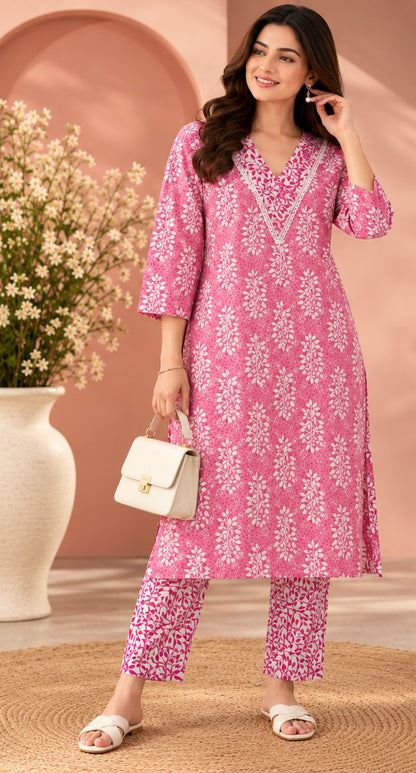 Champa Bubblegum Pink Printed Kurta Set by Theaoura