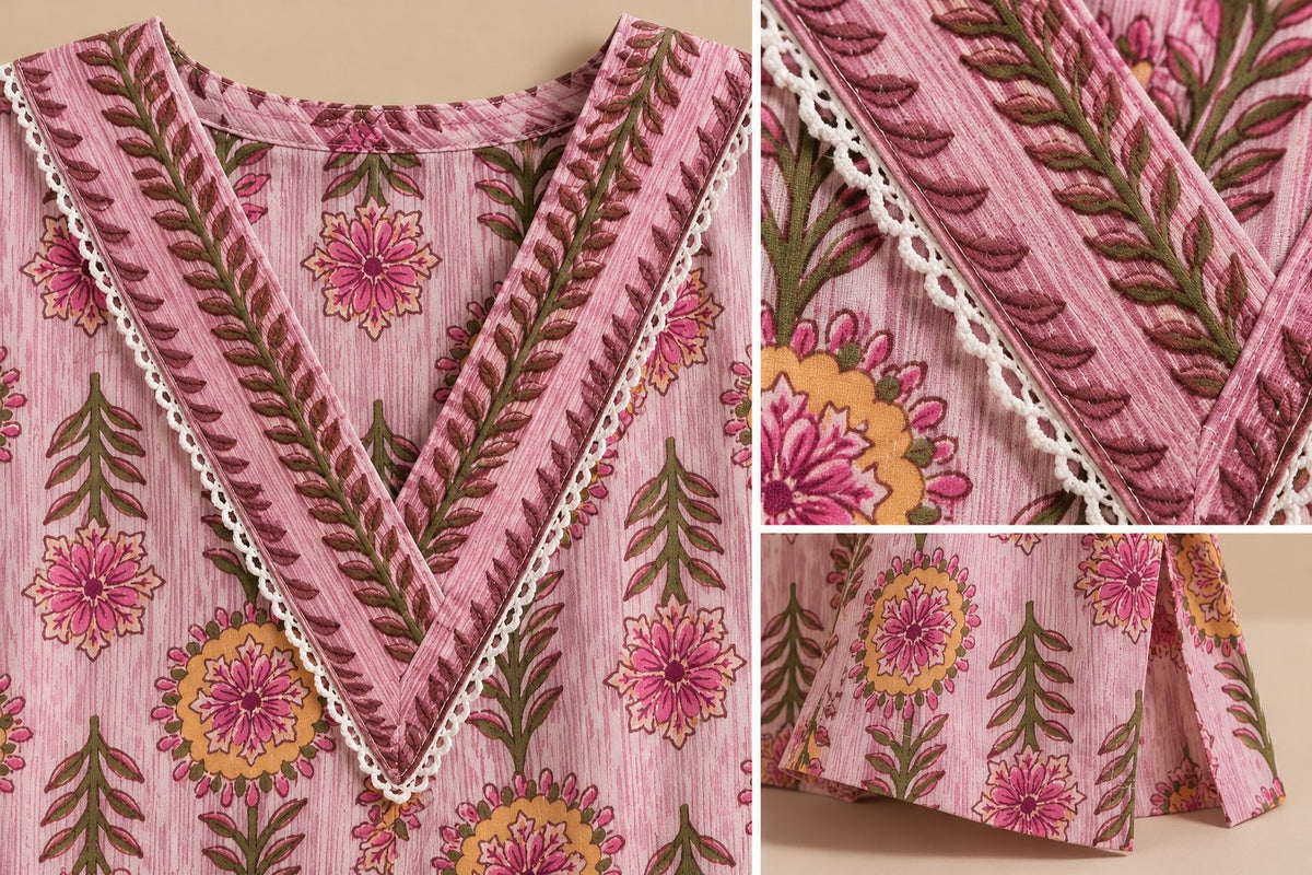Gulnaar Blush Pink Floral Print Kurta Set by Theaoura