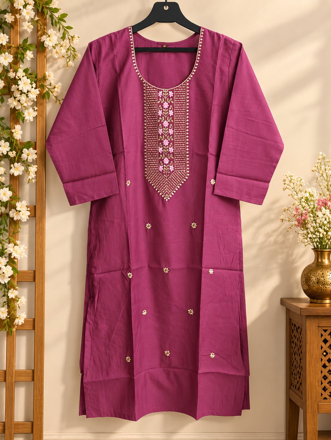 Rangoli Berry Pink Embroidered Suit Set by Theaoura