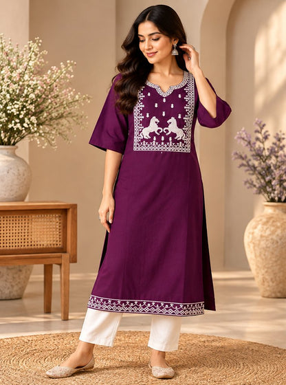 Ashwa Wine Embroidered Kurta by Theaoura