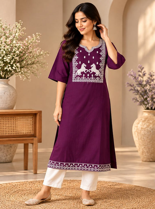 Ashwa Wine Embroidered Kurta by Theaoura