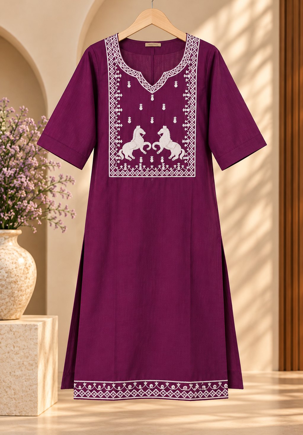 Ashwa Wine Embroidered Kurta by Theaoura