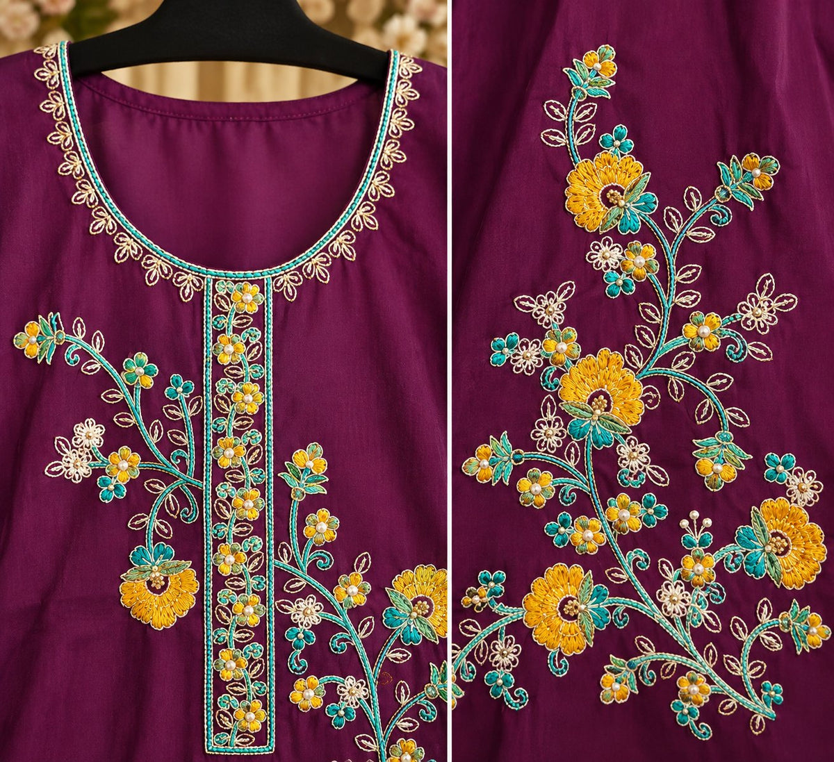Angoor Wine Floral Embroidered Suit Set by Theaoura
