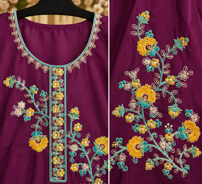 Angoor Wine Floral Embroidered Suit Set by Theaoura