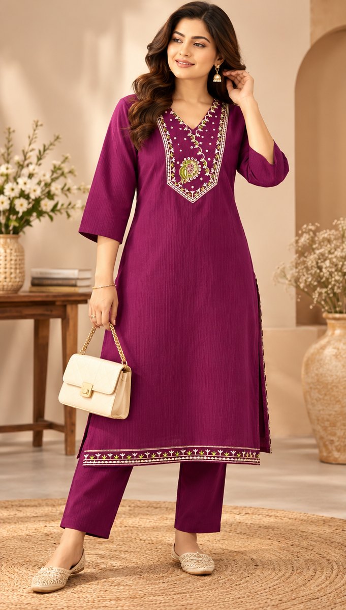 Jamun Plum Embroidered Kurta Set by Theaoura