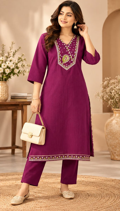 Jamun Plum Embroidered Kurta Set by Theaoura