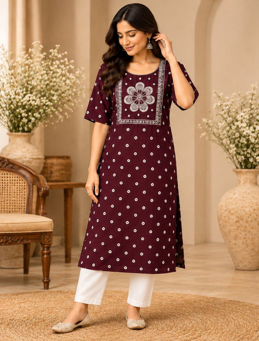Kasturi Maroon Printed Embroidered Kurta by Theaoura