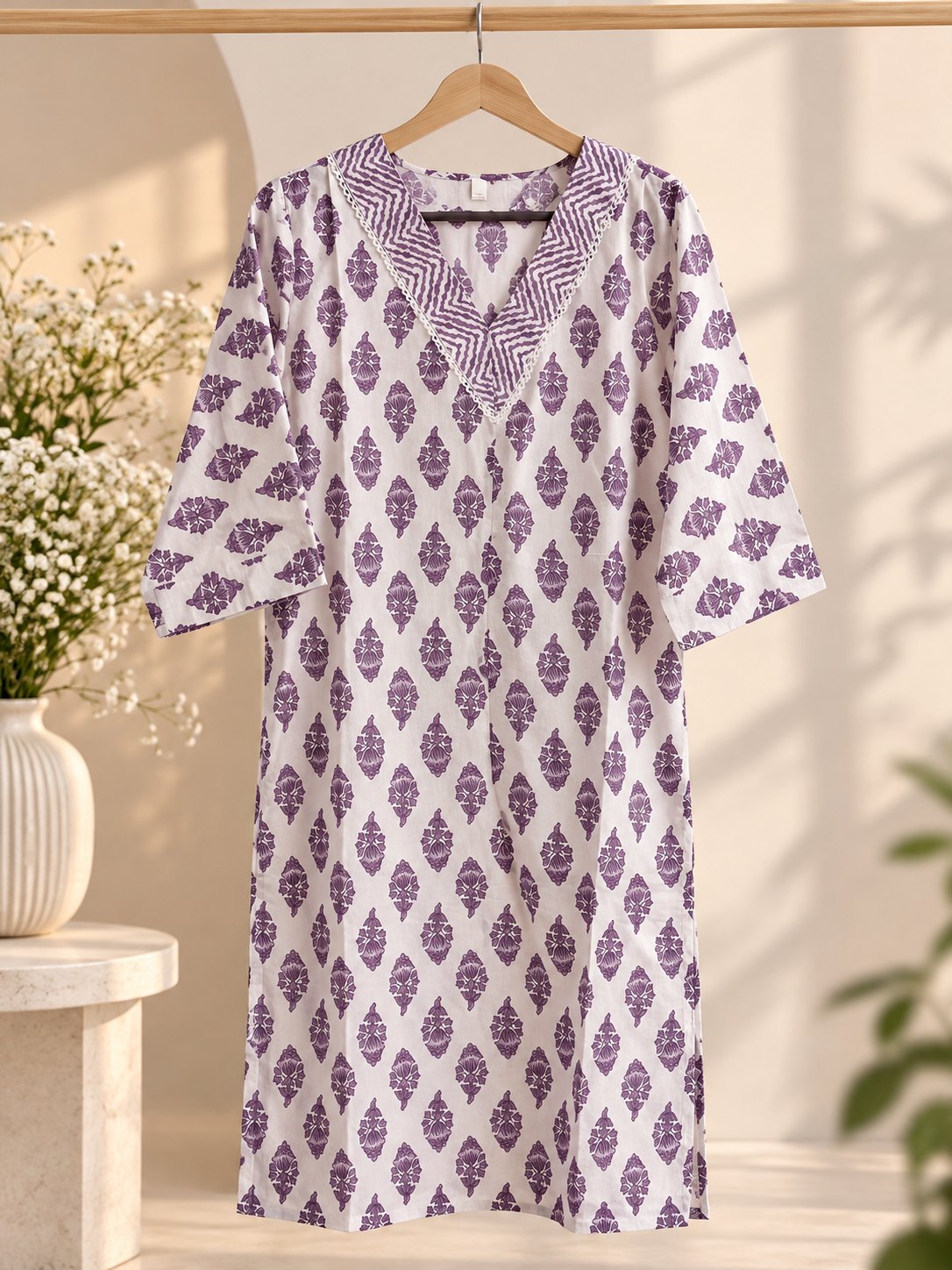 Ira White & Purple Printed Kurta Set by Theaoura