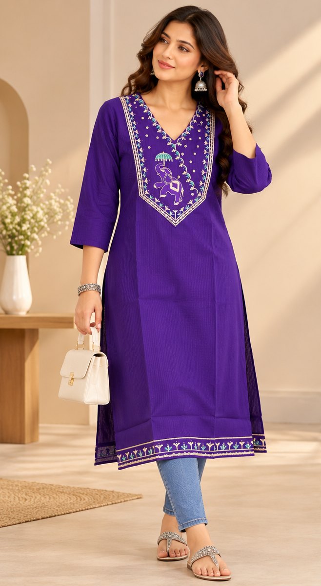Shahi Royal Purple Elephant Embroidered Kurta by Theaoura