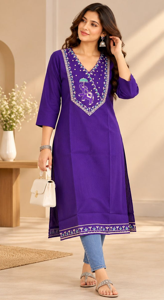 Shahi Royal Purple Elephant Embroidered Kurta by Theaoura
