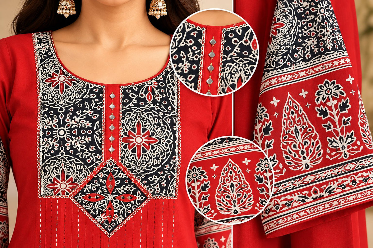 Kutch Red Printed Suit Set by Theaoura