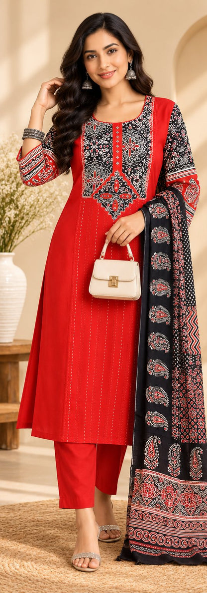 Kutch Red Printed Suit Set by Theaoura
