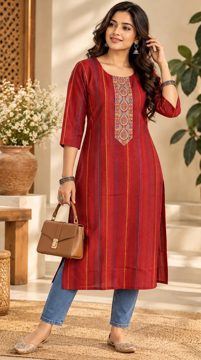 Sindoori Red Striped Embroidered Kurta by Theaoura