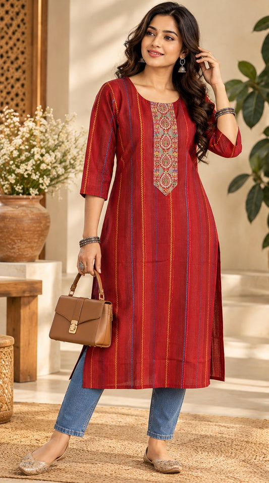 Sindoori Red Striped Embroidered Kurta by Theaoura