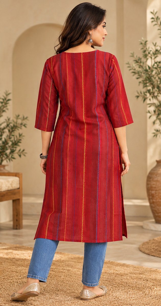 Sindoori Red Striped Embroidered Kurta by Theaoura