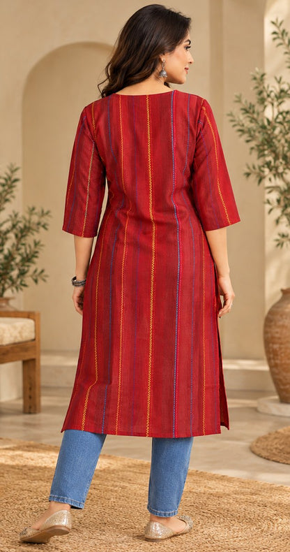Sindoori Red Striped Embroidered Kurta by Theaoura