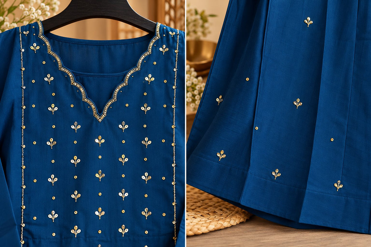 Neelam Royal Blue Embroidered Suit Set by Theaoura