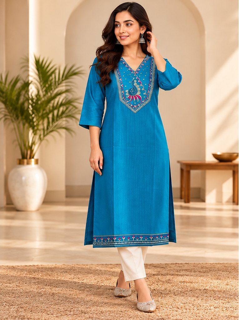Neela Turquoise Peacock Embroidered Kurta by Theaoura