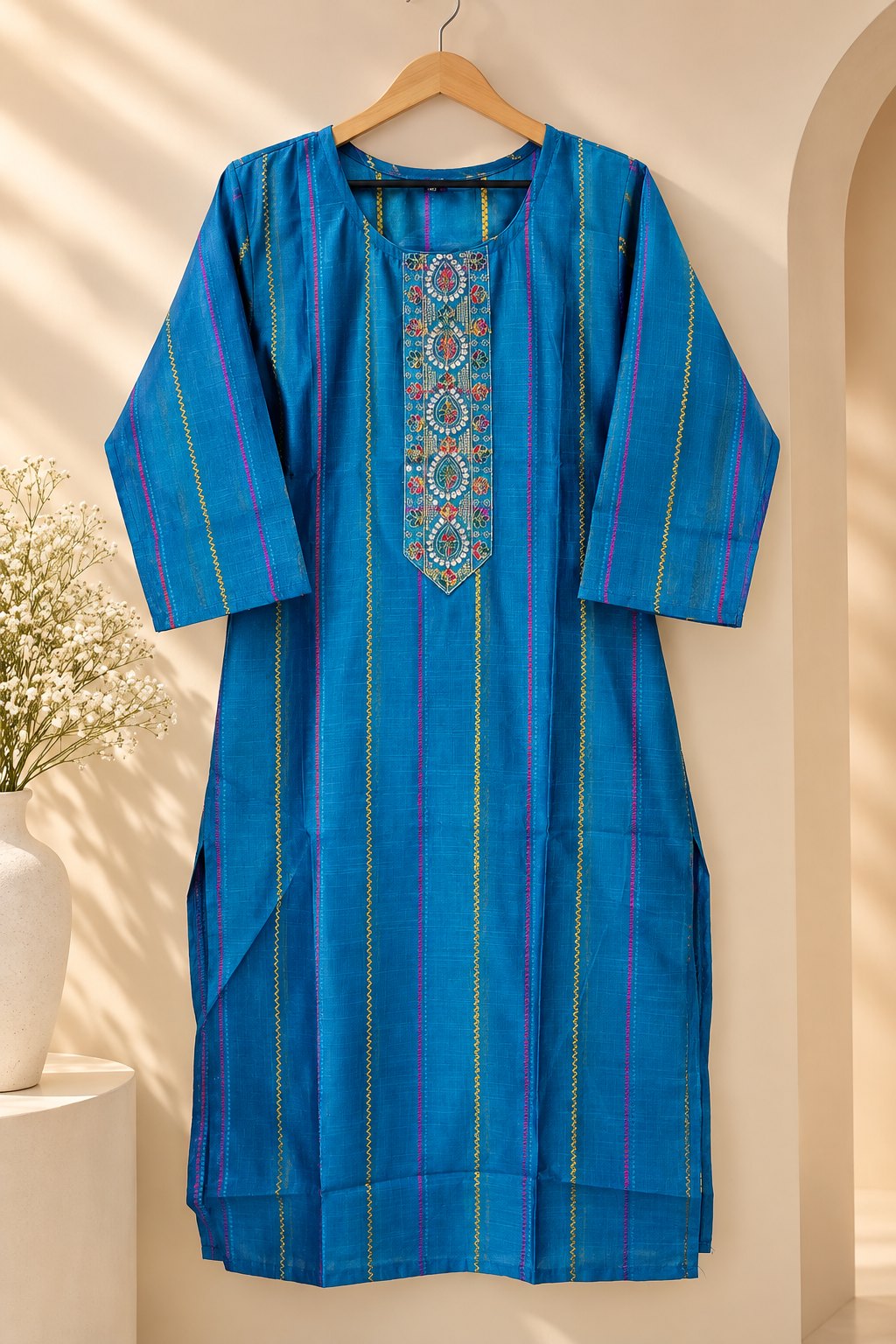 Sagari Cobalt Blue Striped Embroidered Kurta by Theaoura
