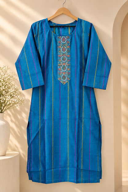 Sagari Cobalt Blue Striped Embroidered Kurta by Theaoura