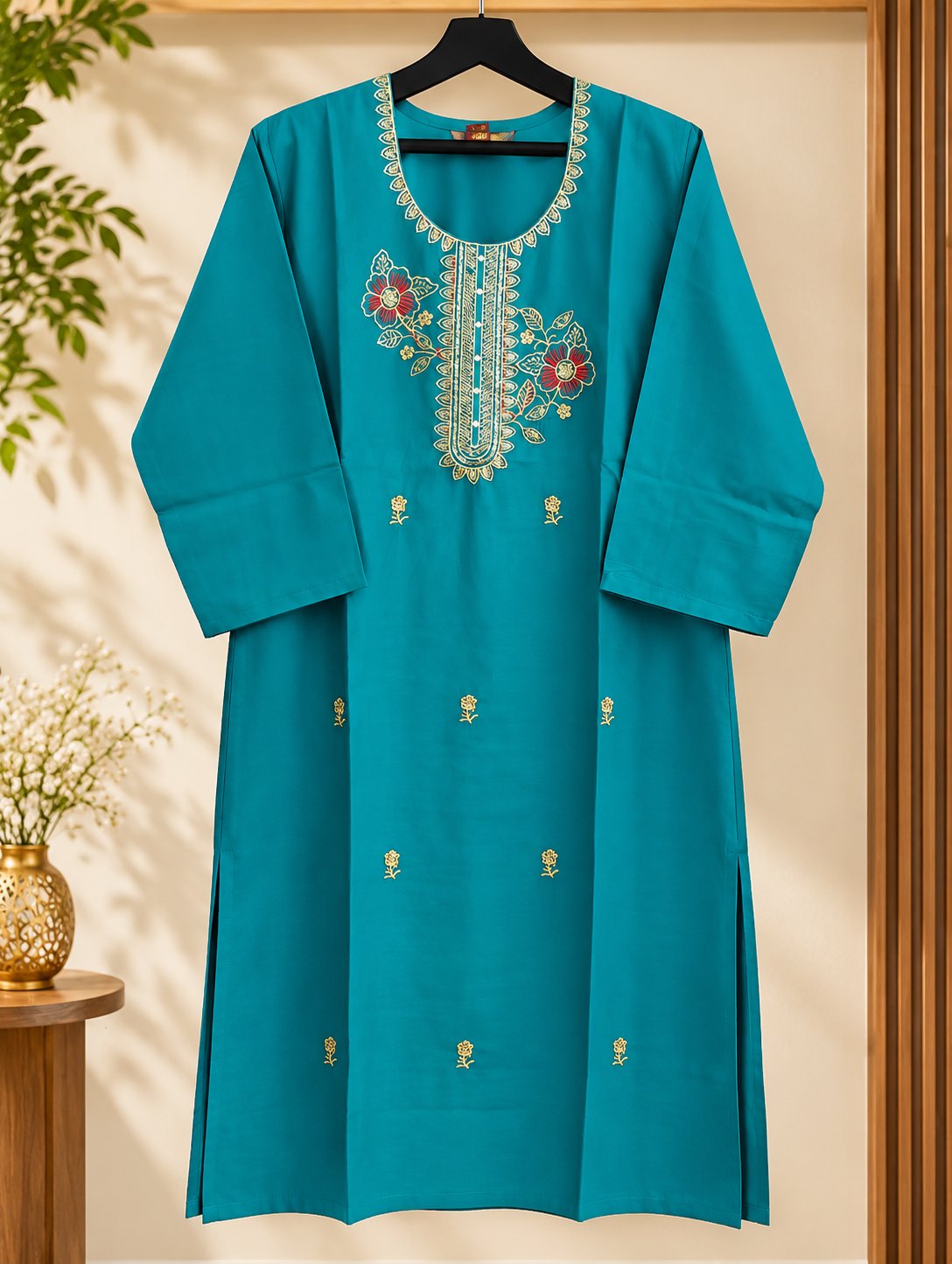 Mor Pankh Peacock Blue Floral Embroidered Suit Set by Theaoura