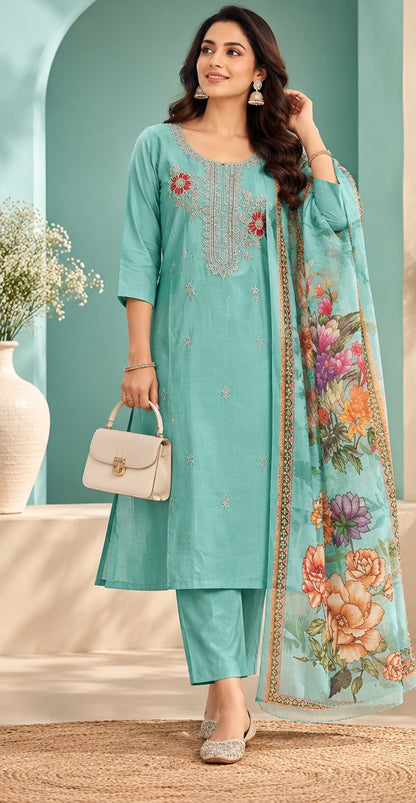 Firoza Aqua Floral Embroidered Suit Set by Theaoura