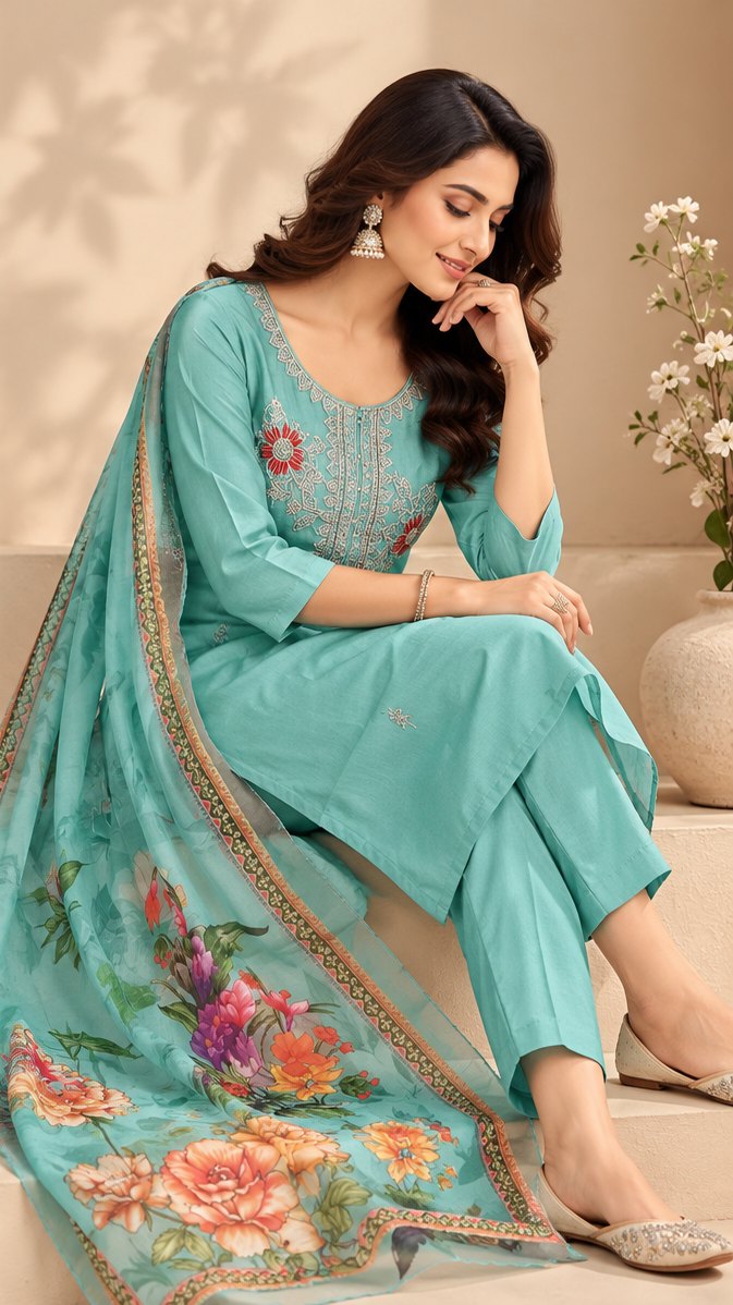 Firoza Aqua Floral Embroidered Suit Set by Theaoura