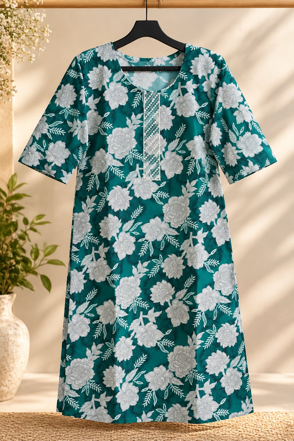 Samudra Teal Floral Print Embroidered Kurta Set by Theaoura