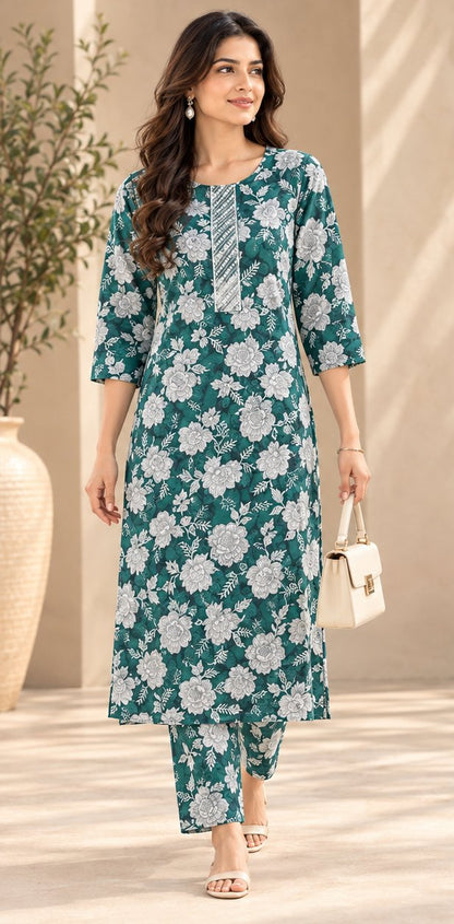 Samudra Teal Floral Print Embroidered Kurta Set by Theaoura